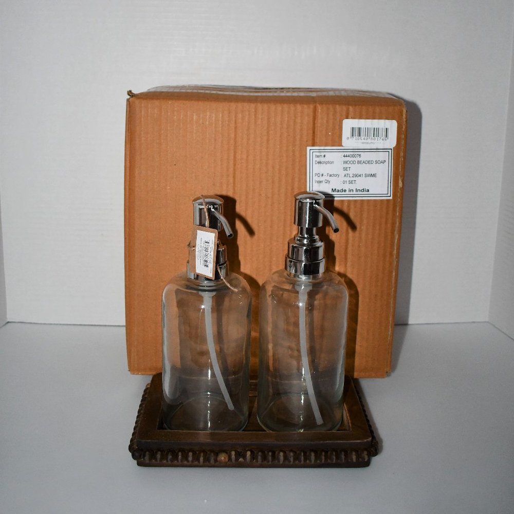 Mud Pie Pine Hill Collection Soap Pump Set in Beaded Wood Tray #44400076 NIB